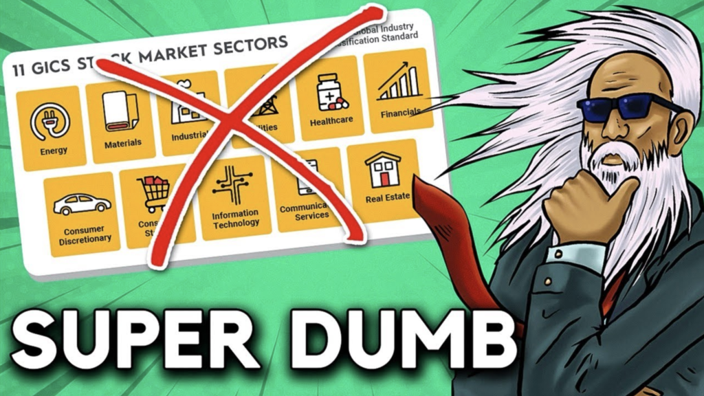 GICS sectors for dividend thumbnail, with man holding his chin and a chart with market sectors getting crossed out