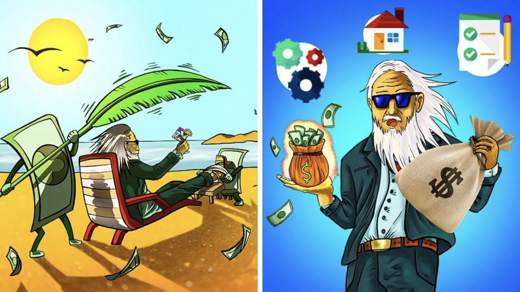 Passive vs Active Income thumbnail, with man holding cash on the right and man resting on a beach on the left