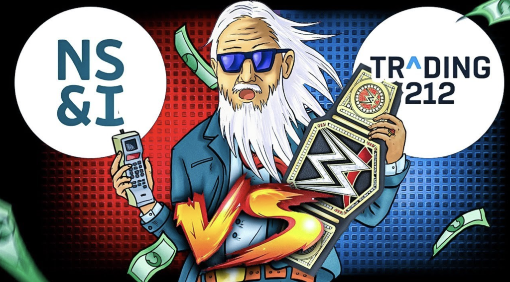 Premium bonds vs trading 212 thumbnail with a guy at the center holding phone and a belt.
