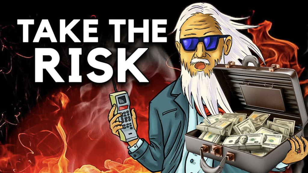Risk tolerance thumbnail with man holding an opened brief case with piles of money on it