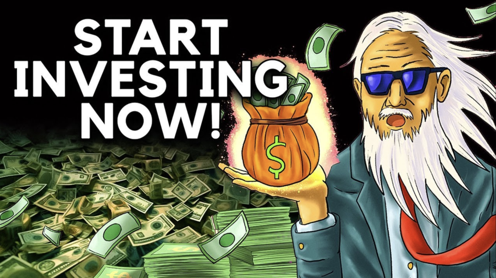 Start Investing Now Thumbnail with man holding a bag of cash and a pile of cash all over the places.