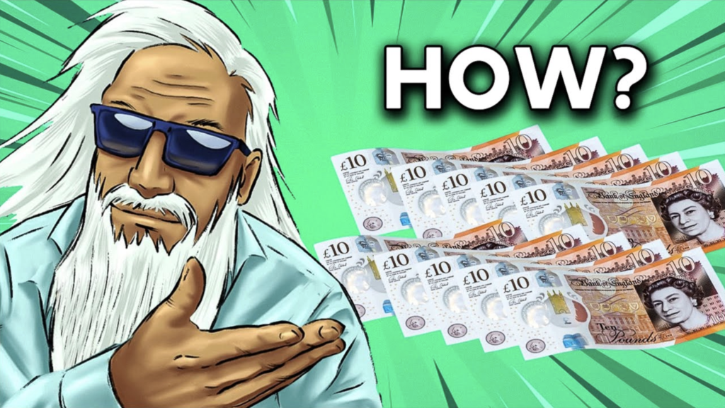 Where to invest £100 thumbnail with a man showing a pile of money with a text above one it saying "how?"