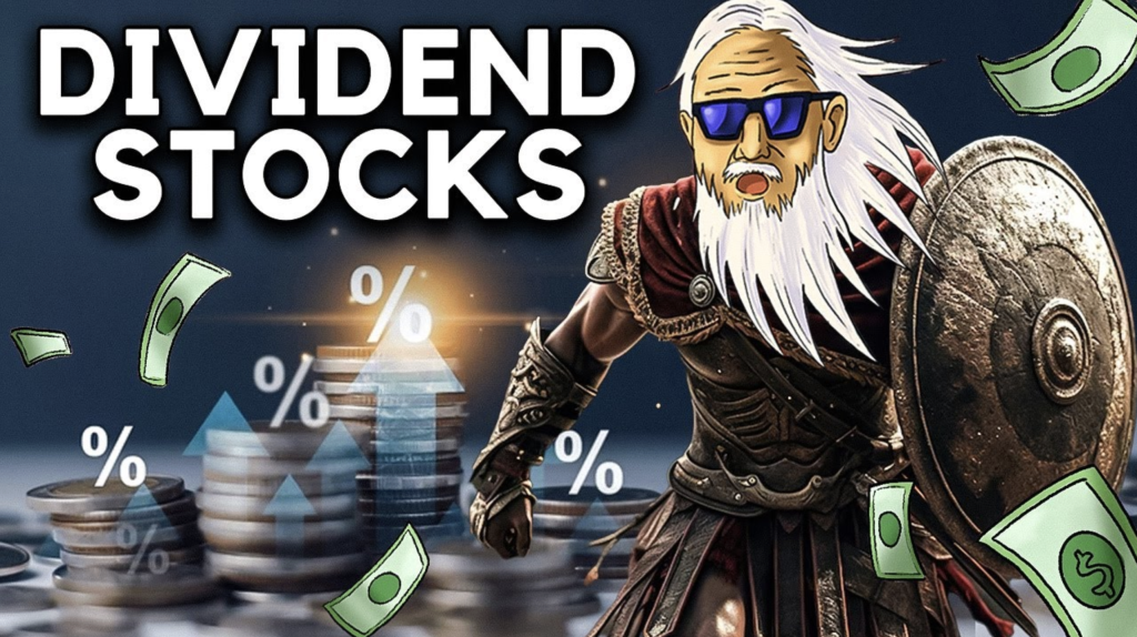 dividend stocks for defensive investing YouTube Thumbnail with man in an armor holding a shield