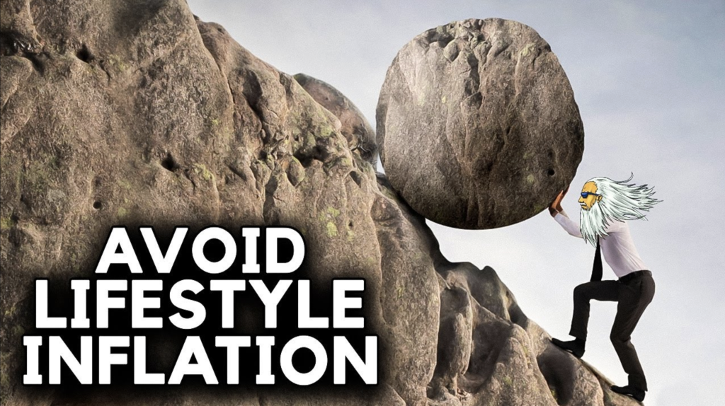 lifestyle inflation thumbnail with a man going up on a hill and a big rolling rock is about to hit the man