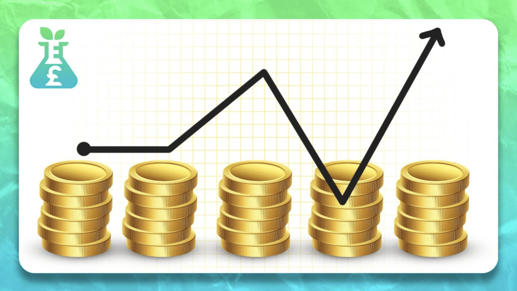 Dollar cost averaging thumbnail for The Dividend Experiment Youtube channel with coins stacked up and arrow chart
