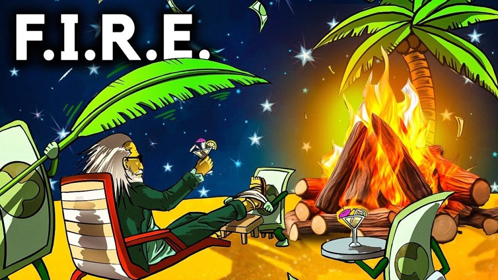 How the FIRE movement works thumbnail with a man relaxing at the beach and a campfire beside him