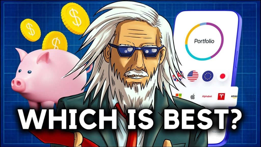 Saving vs Investing thumbnail with man at the center smartphone on the right side and piggy bank on the left side