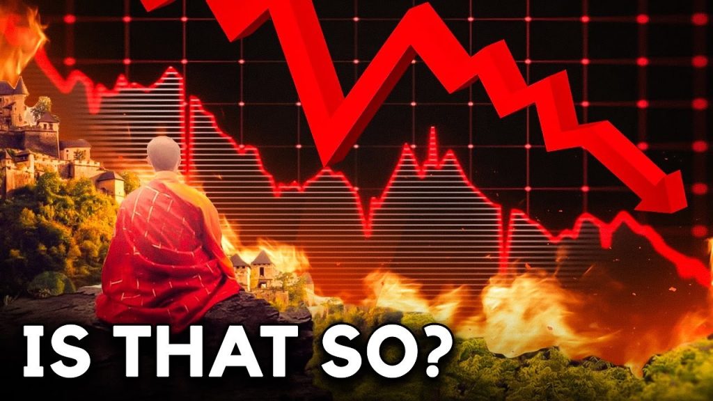 emotional balance in investing thumbnail with a monk sitting on the left side while looking at a red line chart