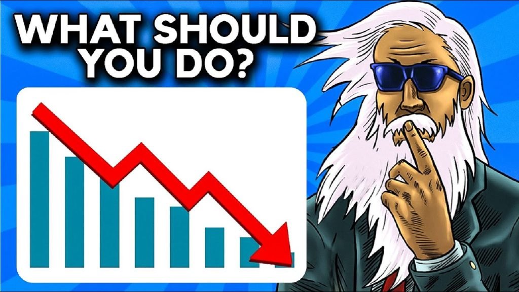 investing during economic uncertainty thumbnail with man thinking on the rightside while looking at a bar chart with red downward arrow