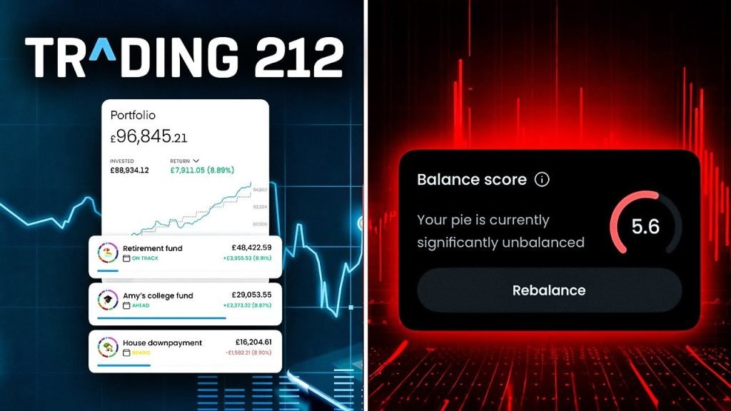 Trading 212 Rebalancing Score thumbnail with Trading 212 portfolio and pies while on the other side is a rebalance score
