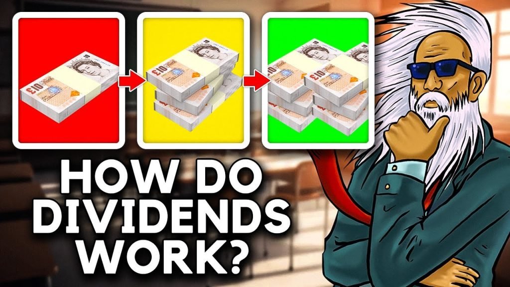how dividends work thumbnail with a man holding his chin in the corner showing money that multiples in 3 stages