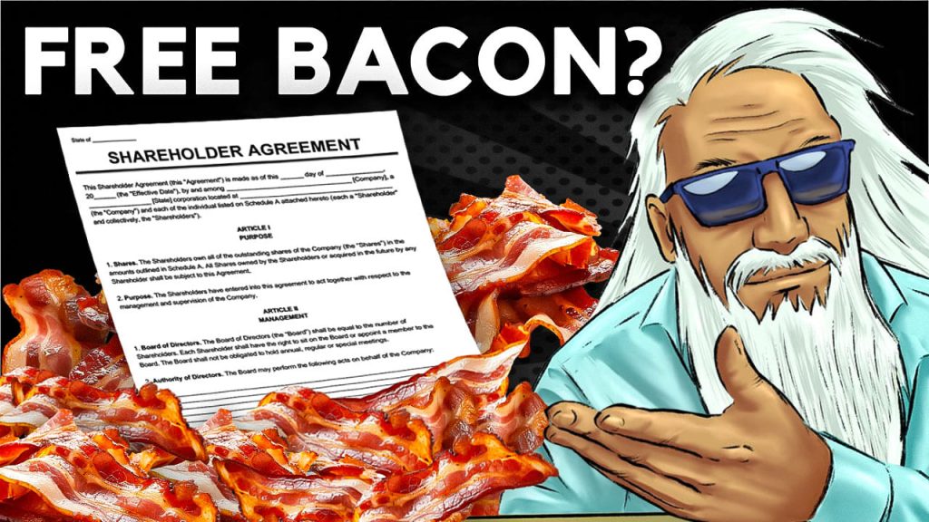 A Man showing an agreement paper surrounded with bacons